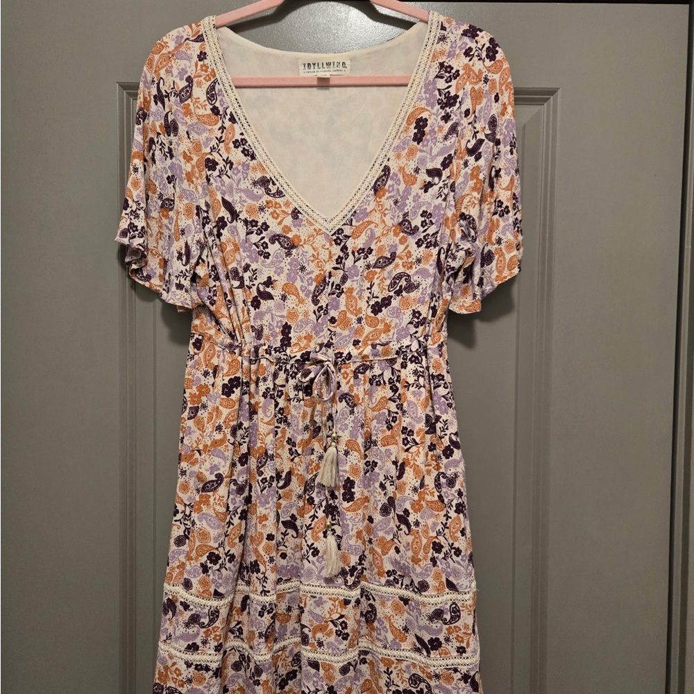 Floral V-Neck Drawstring Midi Dress in Lavender & Mustard